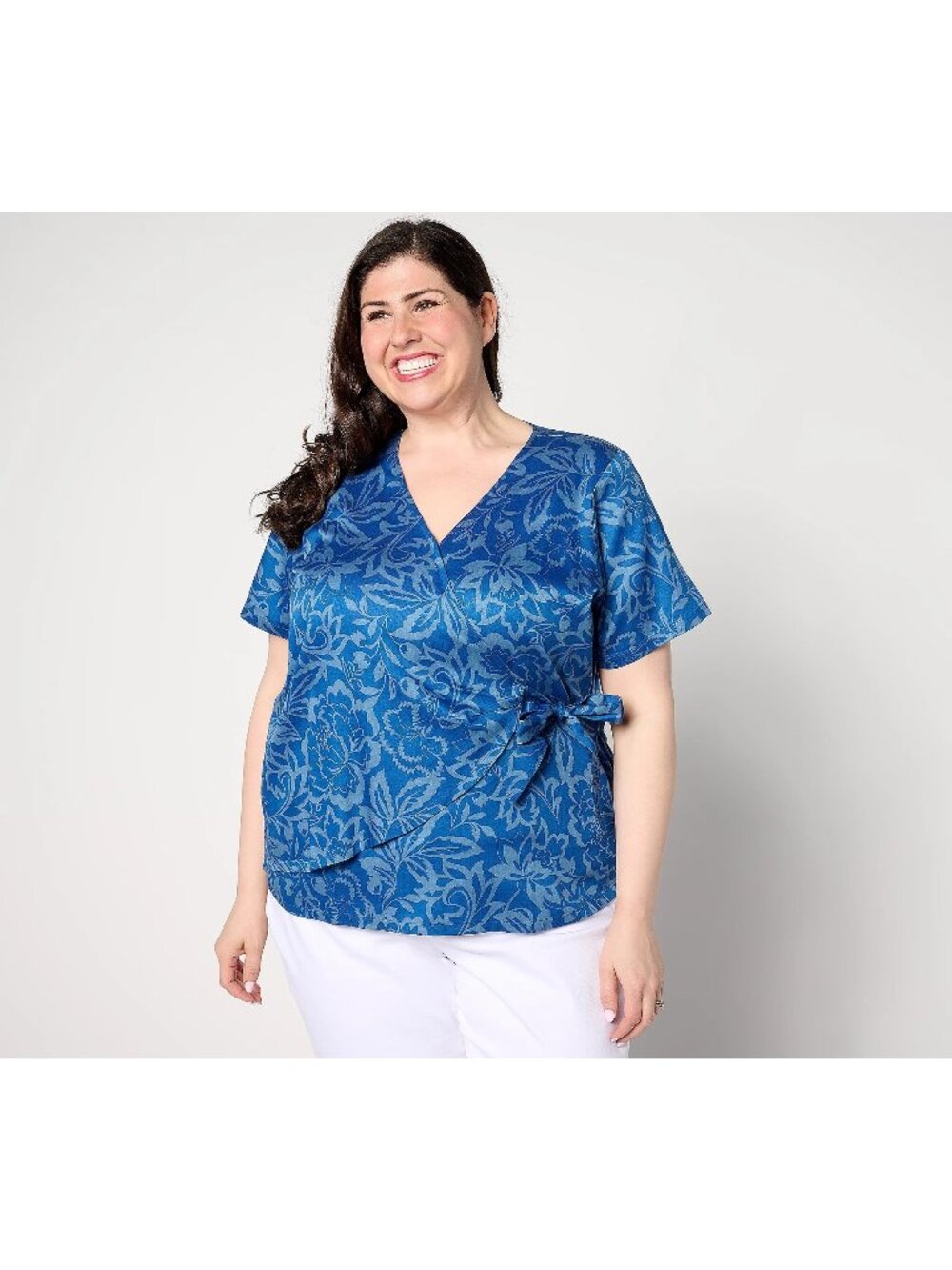 AnyBody Top XL Printed Short Sleeve Faux Wrap Woven Indigo Feminine NEW